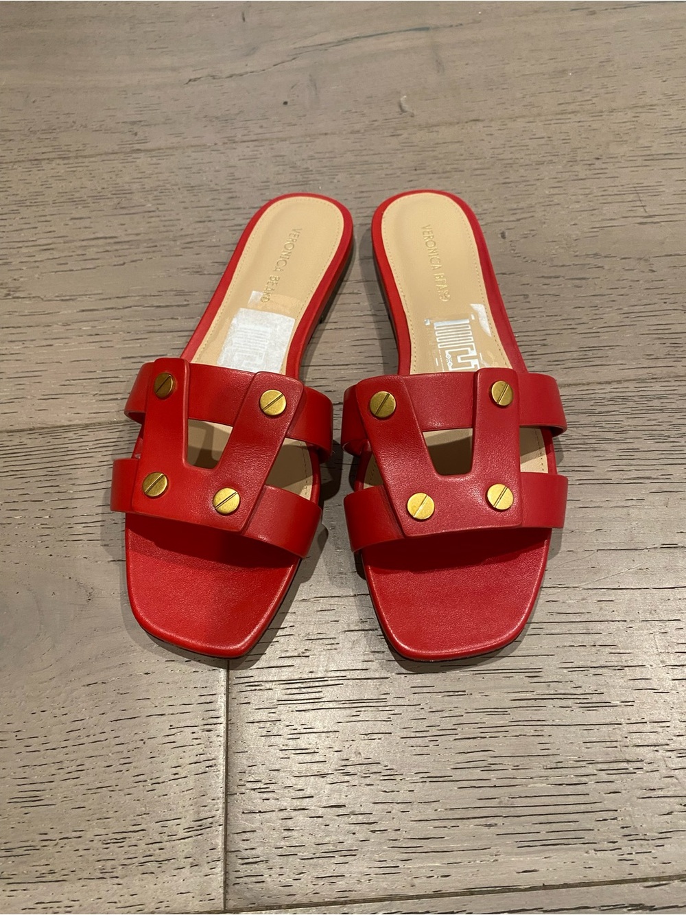 Veronica Beard Red Leather Slide Sandals Gold Studded Women's Size 6